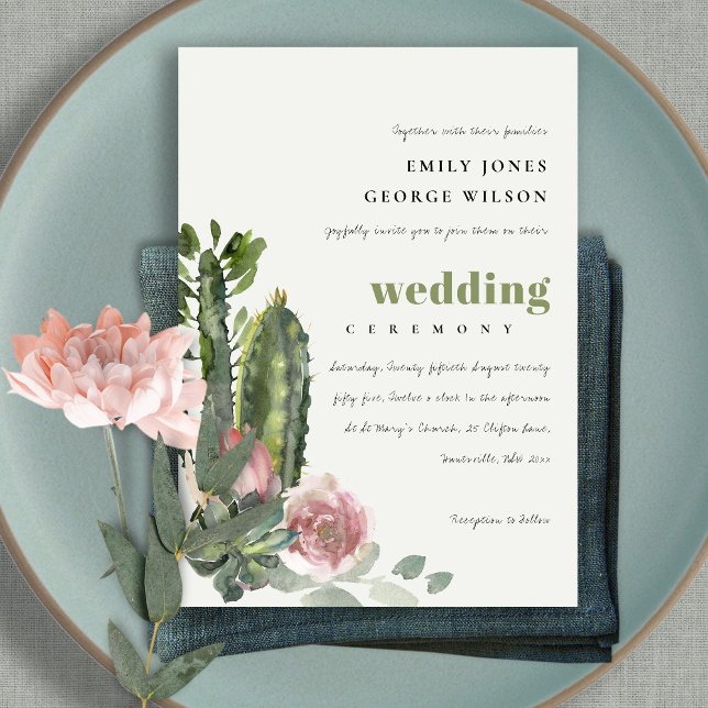 GREEN PINK FLORAL DESERT CACTI FOLIAGE WEDDING INVITATION (Creator Uploaded)
