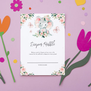 Green Pink Floral Elephant Frame Diaper Raffle Thank You Card