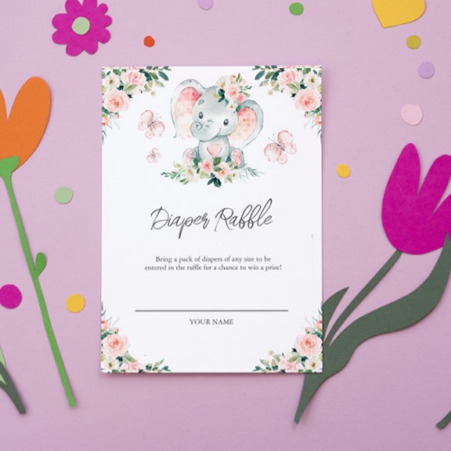 Green Pink Floral Elephant Frame Diaper Raffle Thank You Card (Creator Uploaded)
