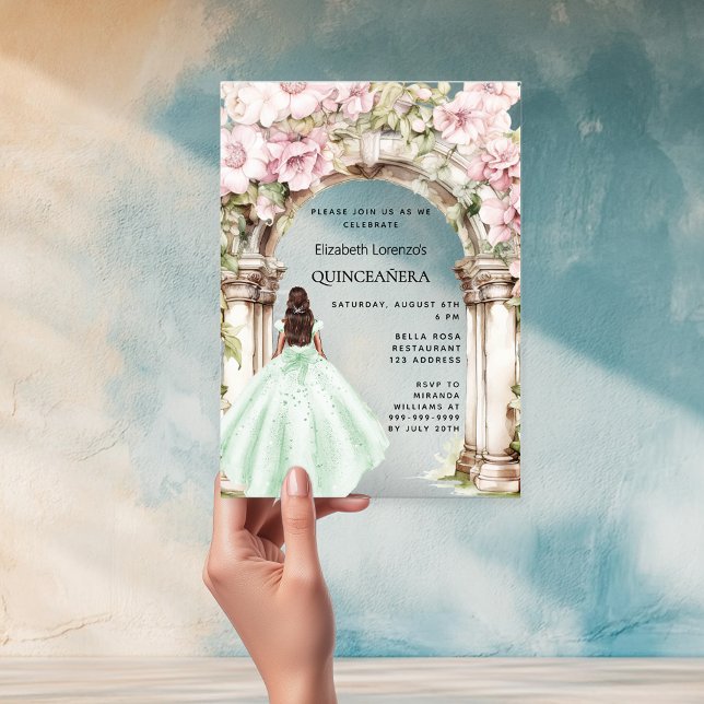 Green pink florals arch dress Quinceanera Acrylic Invitations (Creator Uploaded)