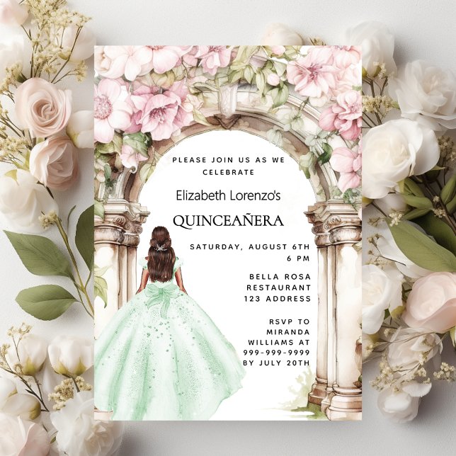 Green pink florals arch dress Quinceanera Invitation Postcard (Creator Uploaded)