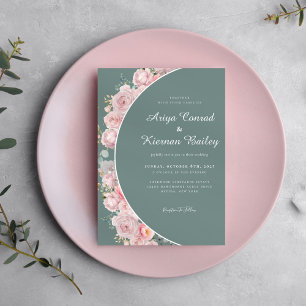 Green Pink Flower Modern Wedding Invitation