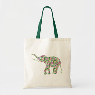 Green & Pink Flowers Elephant Illustration Tote Bag