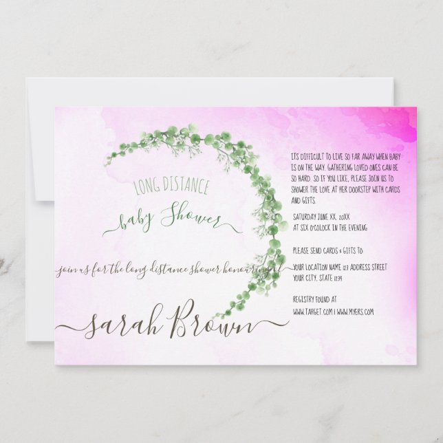 GREEN & PINK FOLIAGE  LONG DISTANCE BABY SHOWER INVITATION (Front)