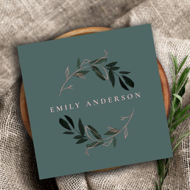 GREEN PINK FOLIAGE WATERCOLOR WREATH PROFESSIONAL SQUARE BUSINESS CARD (Creator Uploaded)