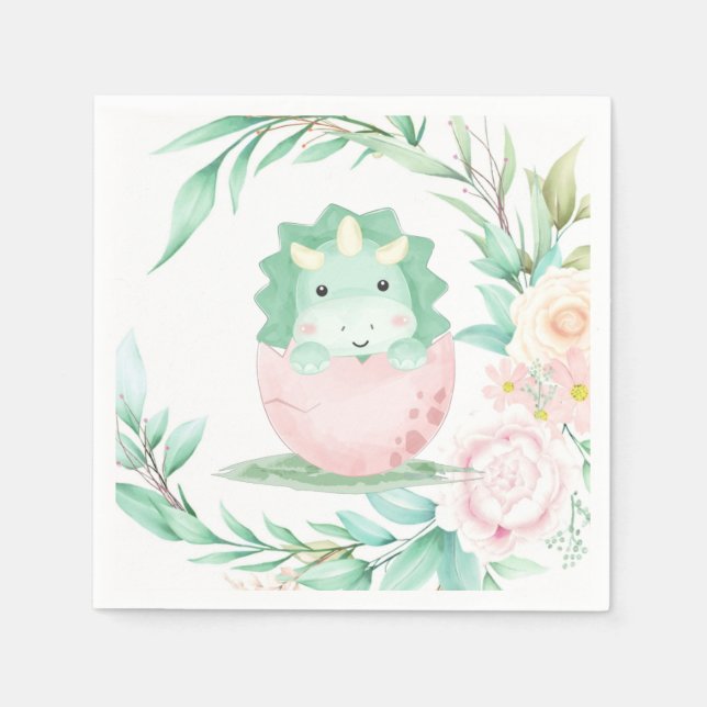 Green Pink Green Dinosaur Peony Baby Shower  Napkin (Front)