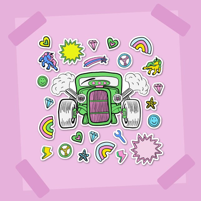 Green pink Hot Rod Car and Unicorn sticker sheet (Creator Uploaded)