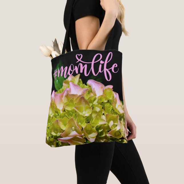 Green pink Hydrangea pink flower yellow flower  Tote Bag (Close Up)