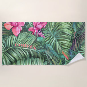Green Pink Leaf Pattern Personalised Summer Beach Beach Towel