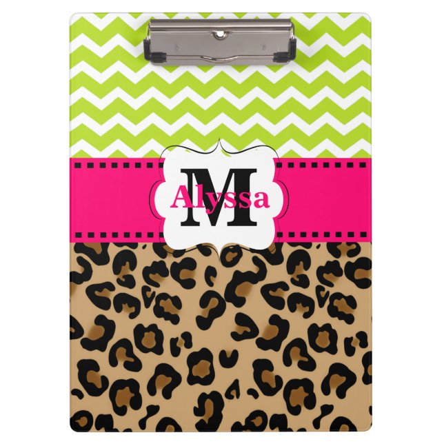 Green Pink Leopard Chevron Personalised Clipboard (Front)