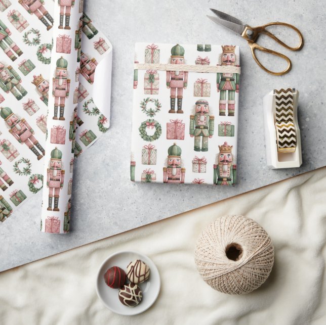 Green-Pink Nutcracker Holiday Pattern Wrapping Paper (Crafts)