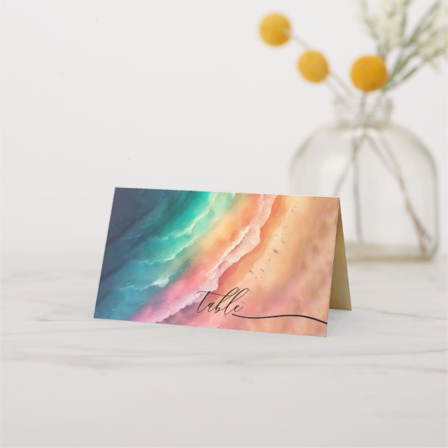 Green Pink Ocean Beach Green Wedding Watercolor Place Card (Front)