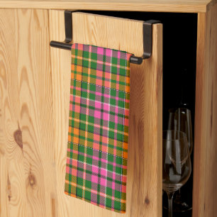 Green Pink Orange Plaid Tartan Design  Tea Towel