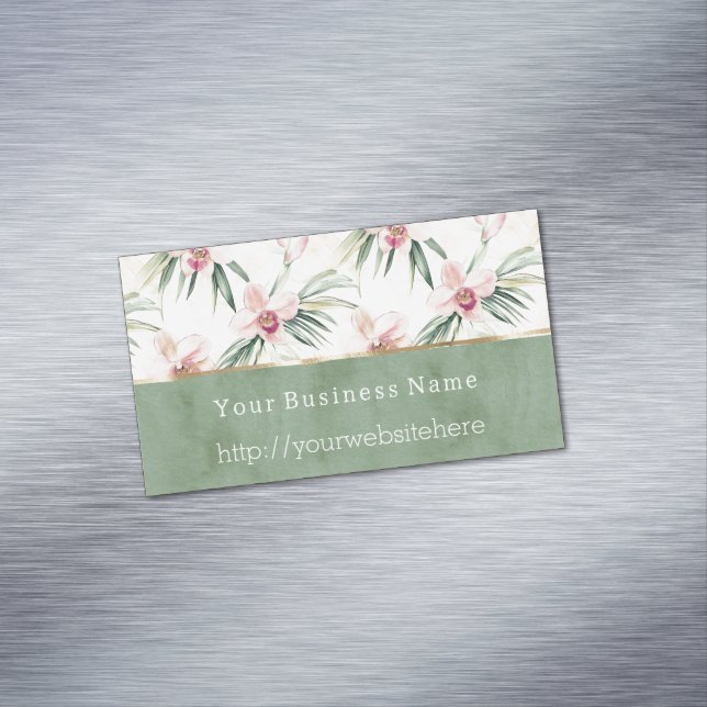 Green Pink Orchid Flowers Business name website Magnetic Business Card (In Situ)