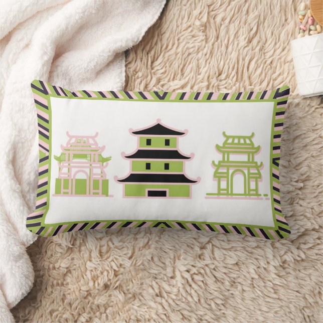 Green Pink Pagoda Striped Lumbar Cushion (Blanket)