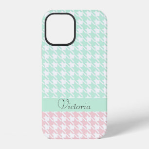 Green Pink Pastel Name Houndstooth Pattern Modern iPhone 12 Case