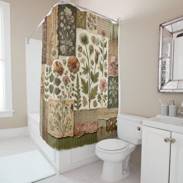 Green Pink Patchwork Rustic Retro Floral Farmhouse Shower Curtain (In Situ)