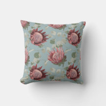 Green & Pink Protea on french blue Pillow