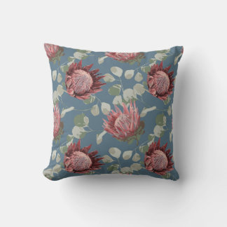 Green & Pink Protea on Grey Blue Accent pillow