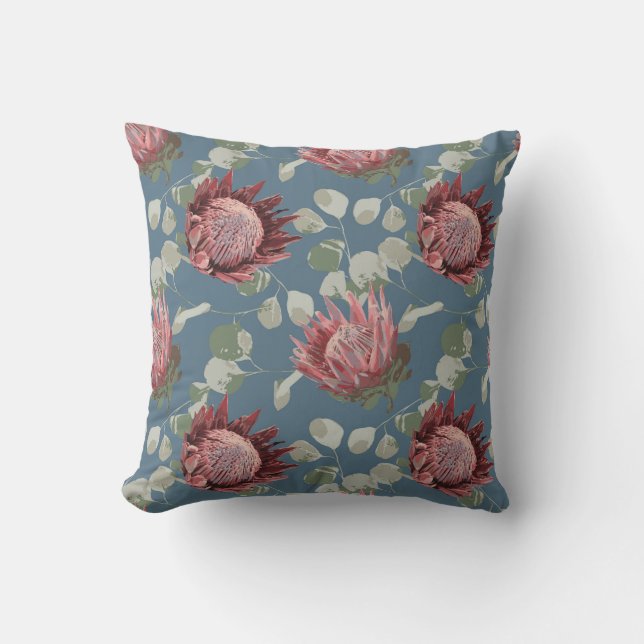 Green & Pink Protea on Grey Blue Accent pillow (Front)