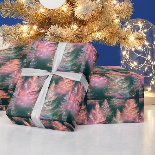 Green Pink Purple White Trees Modern Christmas Wrapping Paper (Holidays)