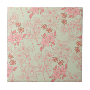 Green Pink Retro Y2K 70s Flower Pattern Tile