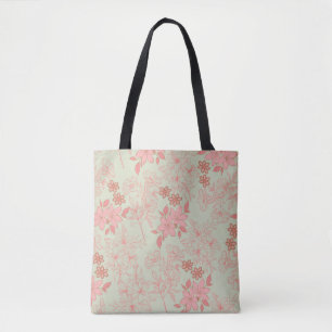 Green Pink Retro Y2K 70s Flower Pattern Tote Bag