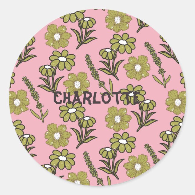 Green Pink Retro Y2K Funky Hippie Flower Pattern Classic Round Sticker (Front)