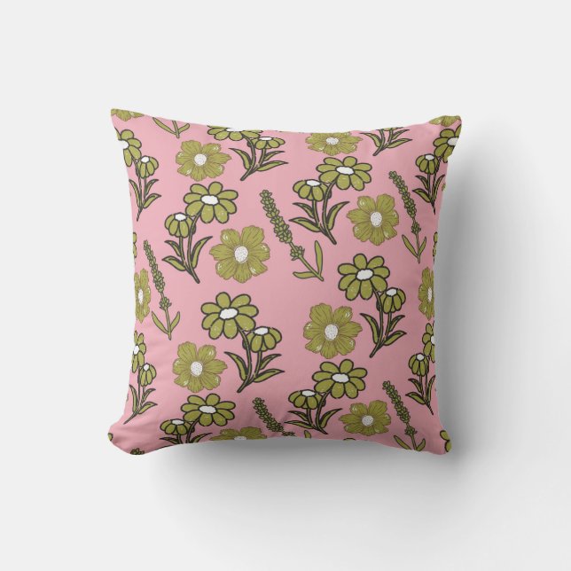 Green Pink Retro Y2K Funky Hippie Flower Pattern Cushion (Front)