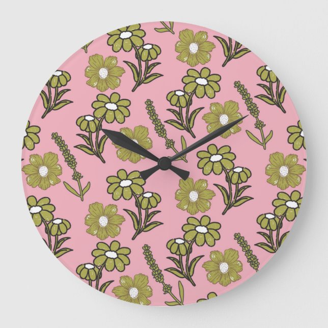Green Pink Retro Y2K Funky Hippie Flower Pattern Large Clock (Front)