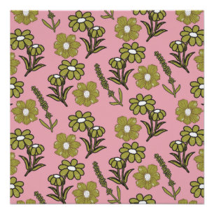 Green Pink Retro Y2K Funky Hippie Flower Pattern Poster