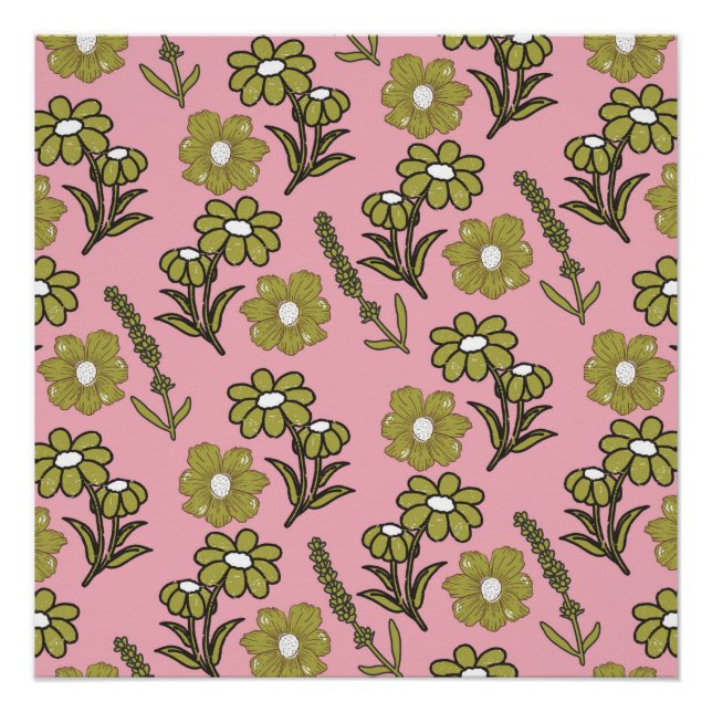 Green Pink Retro Y2K Funky Hippie Flower Pattern Poster (Front)