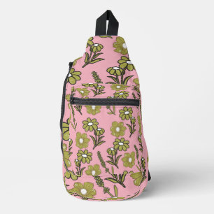Green Pink Retro Y2K Funky Hippie Flower Pattern Sling Bag