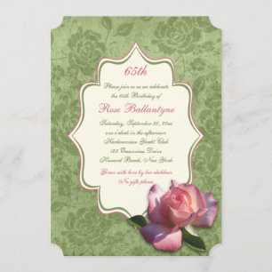 Green Pink Rose Damask 65th Birthday Invite