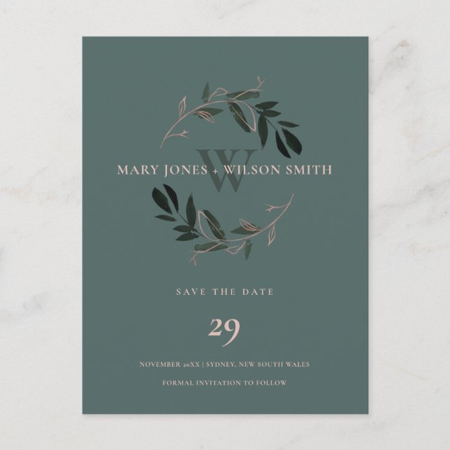 GREEN PINK ROSE GOLD FOLIAGE WREATH SAVE THE DATE ANNOUNCEMENT POSTCARD (Front)