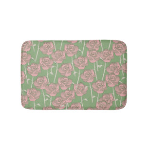 Green Pink Rose Retro Y2K 70s Flower Pattern Bath Mat