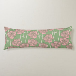 Green Pink Rose Retro Y2K 70s Flower Pattern Body Cushion