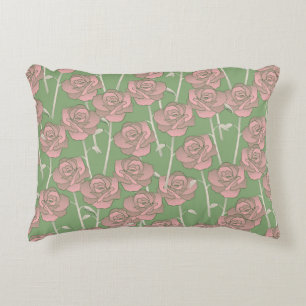 Green Pink Rose Retro Y2K 70s Flower Pattern Decorative Cushion