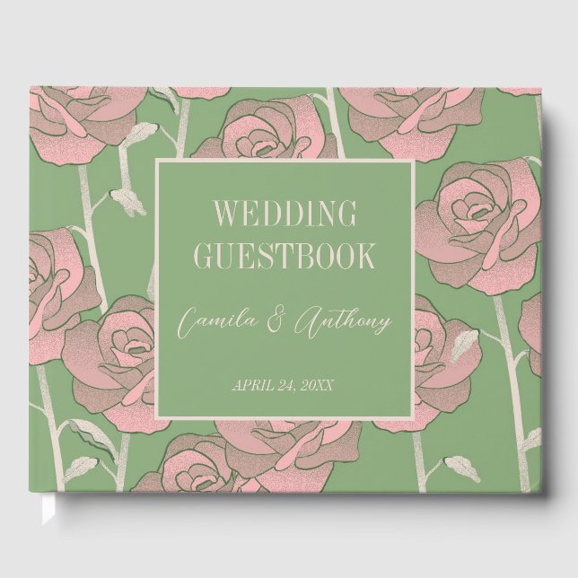 Green Pink Rose Retro Y2K 70s Flower Pattern Guest Book (Front)