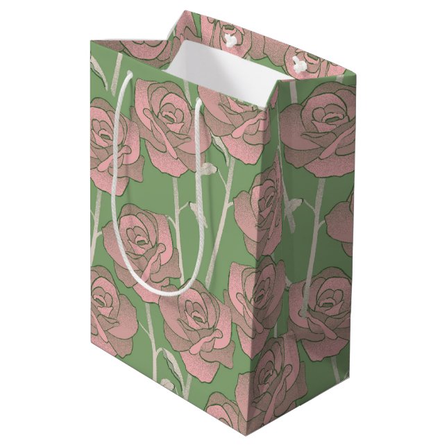 Green Pink Rose Retro Y2K 70s Flower Pattern Medium Gift Bag (Back Angled)
