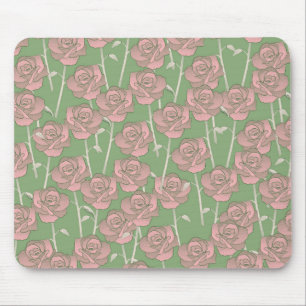 Green Pink Rose Retro Y2K 70s Flower Pattern Mouse Pad
