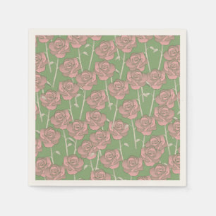 Green Pink Rose Retro Y2K 70s Flower Pattern Napkin