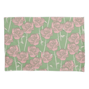 Green Pink Rose Retro Y2K 70s Flower Pattern Pillowcase