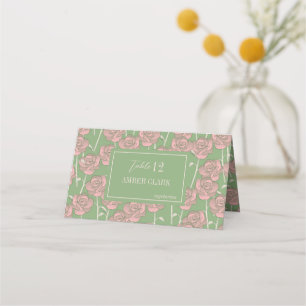 Green Pink Rose Retro Y2K 70s Flower Pattern Place Card
