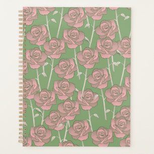 Green Pink Rose Retro Y2K 70s Flower Pattern Planner