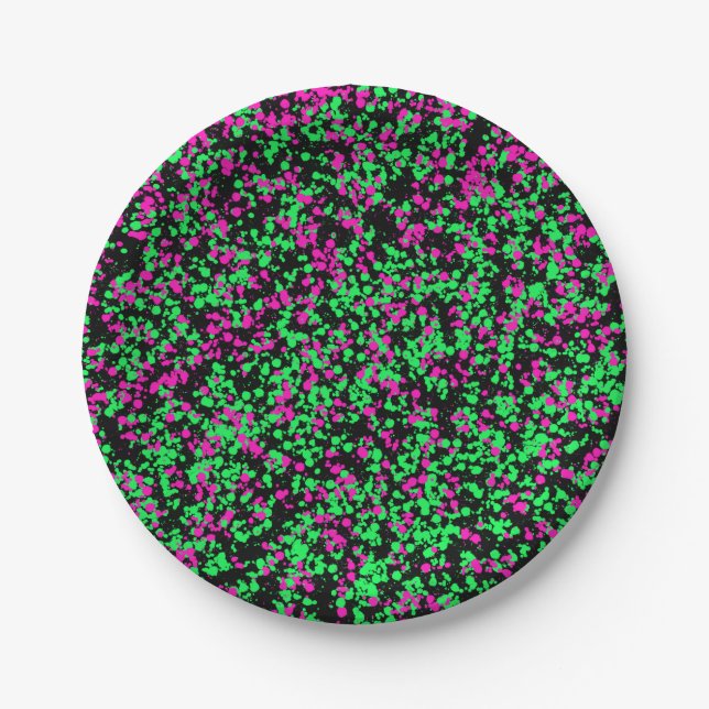 Green Pink Splattered Paint Paper Plate (Front)