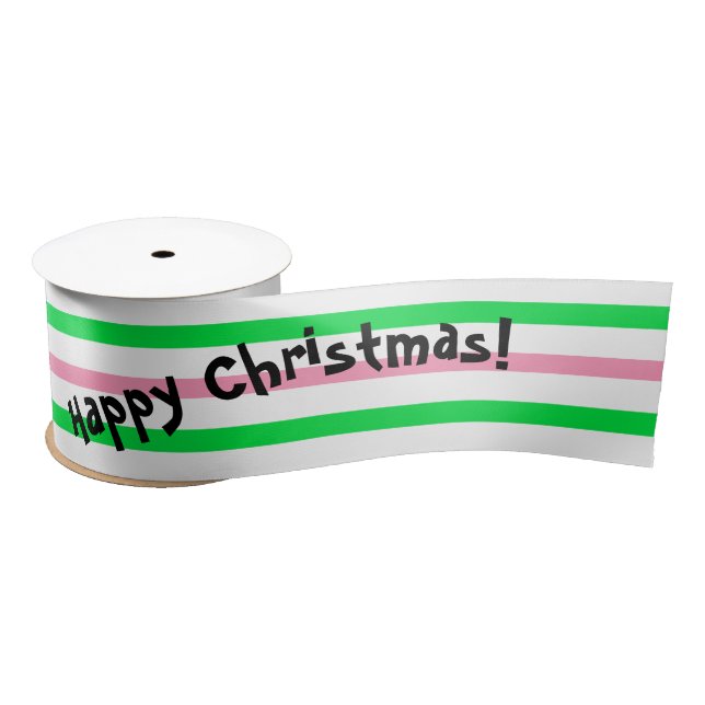 Green Pink Stripe Happy Christmas Satin Ribbon (Spool)