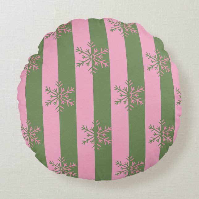 Green Pink Stripe Snowflake Christmas Round Pillow (Front)