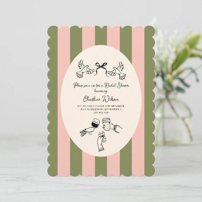 Green Pink Striped Cute illustrated Bridal Shower Invitation (Creator Uploaded)