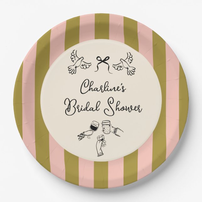 Green Pink Striped Cute illustrated Bridal Shower Paper Plate (Front)